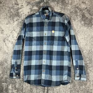 Carhartt Flannel Shirt Mens Small Blue Plaid Relaxed Midweight 104448 Pockets